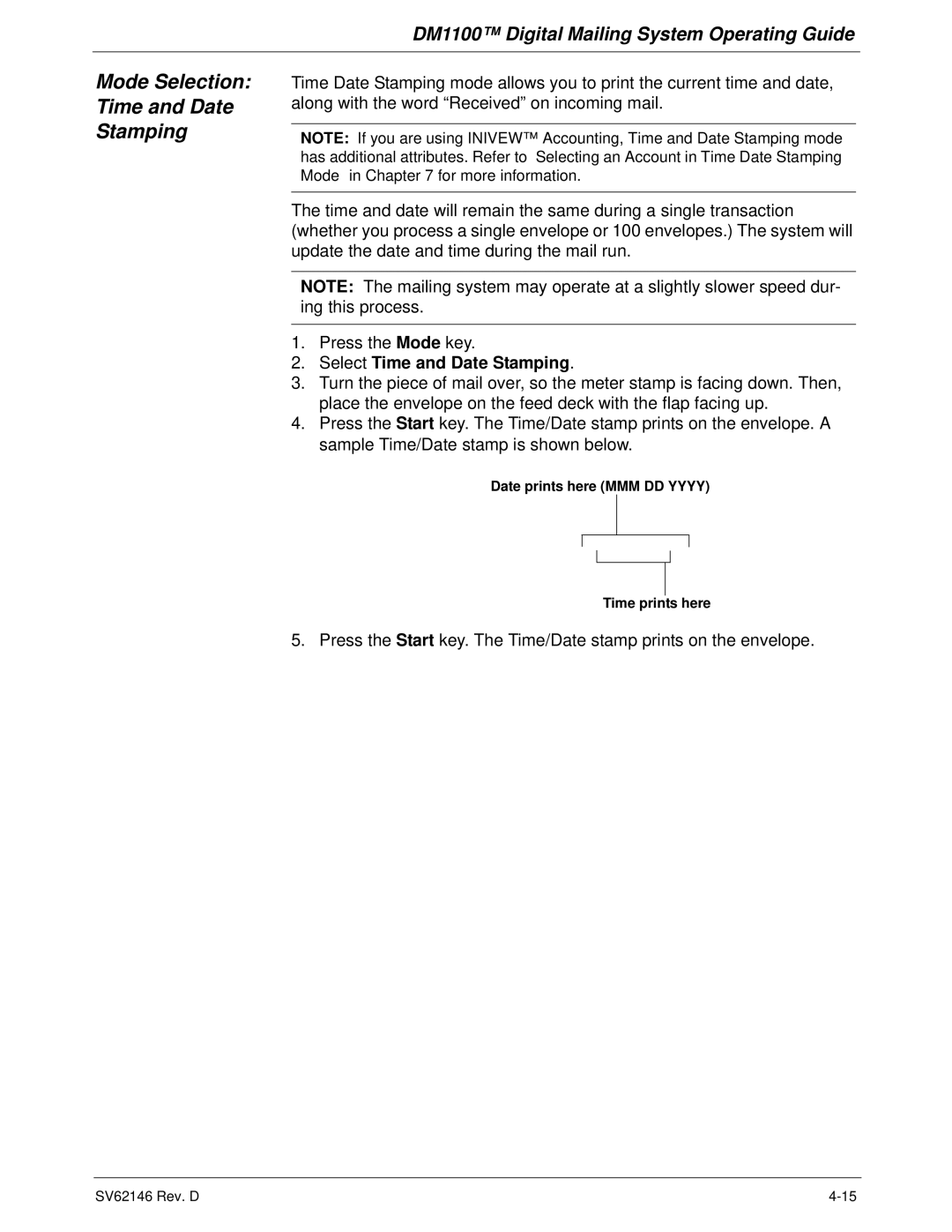 Pitney Bowes DM1100 manual Mode Selection Time and Date Stamping, Select Time and Date Stamping 