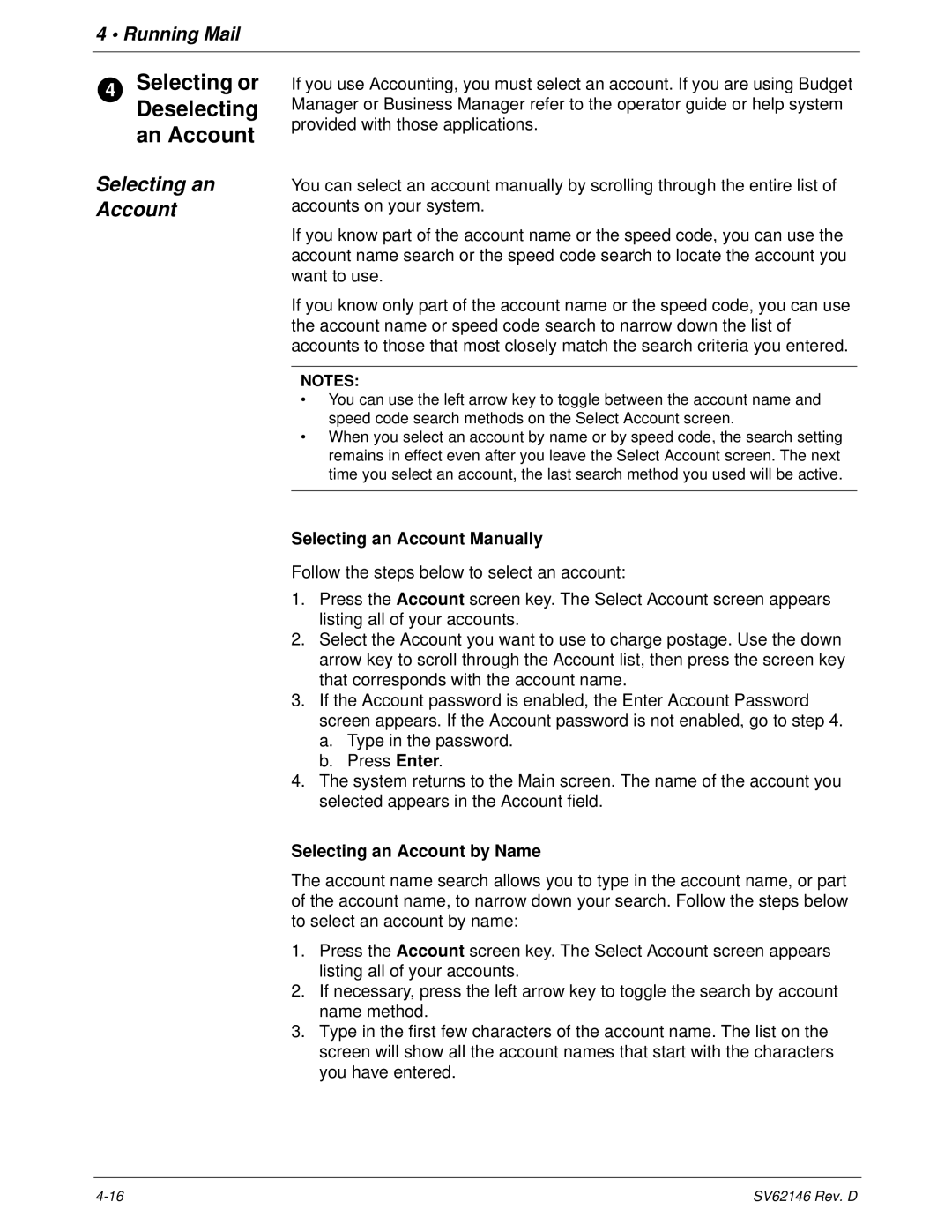 Pitney Bowes DM1100 Selecting or Deselecting an Account, Selecting an Account Manually, Selecting an Account by Name 