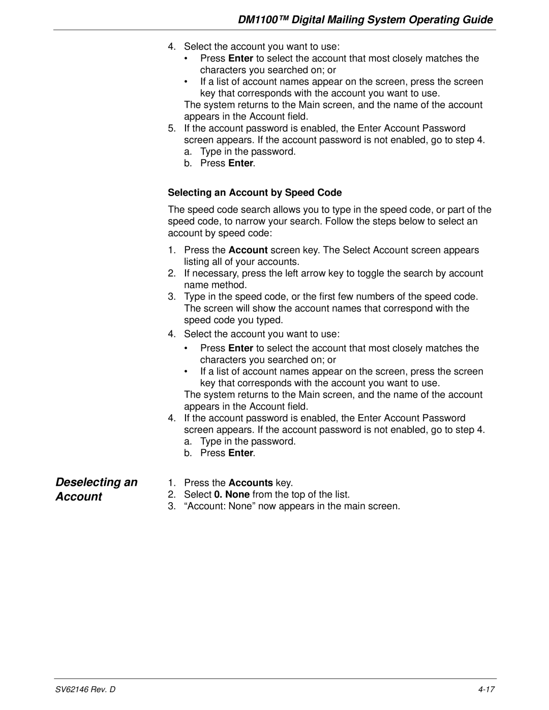 Pitney Bowes DM1100 manual Deselecting an Account, Selecting an Account by Speed Code 