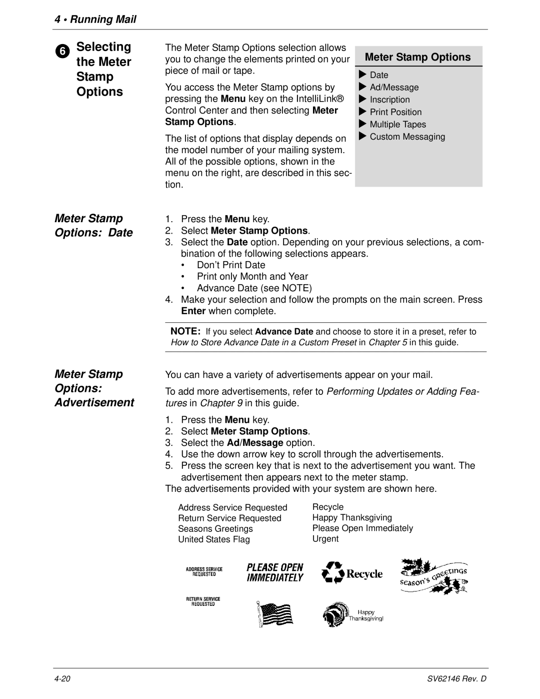 Pitney Bowes DM1100 manual Selecting the Meter Stamp Options, Meter Stamp Options Date, Meter Stamp Options Advertisement 