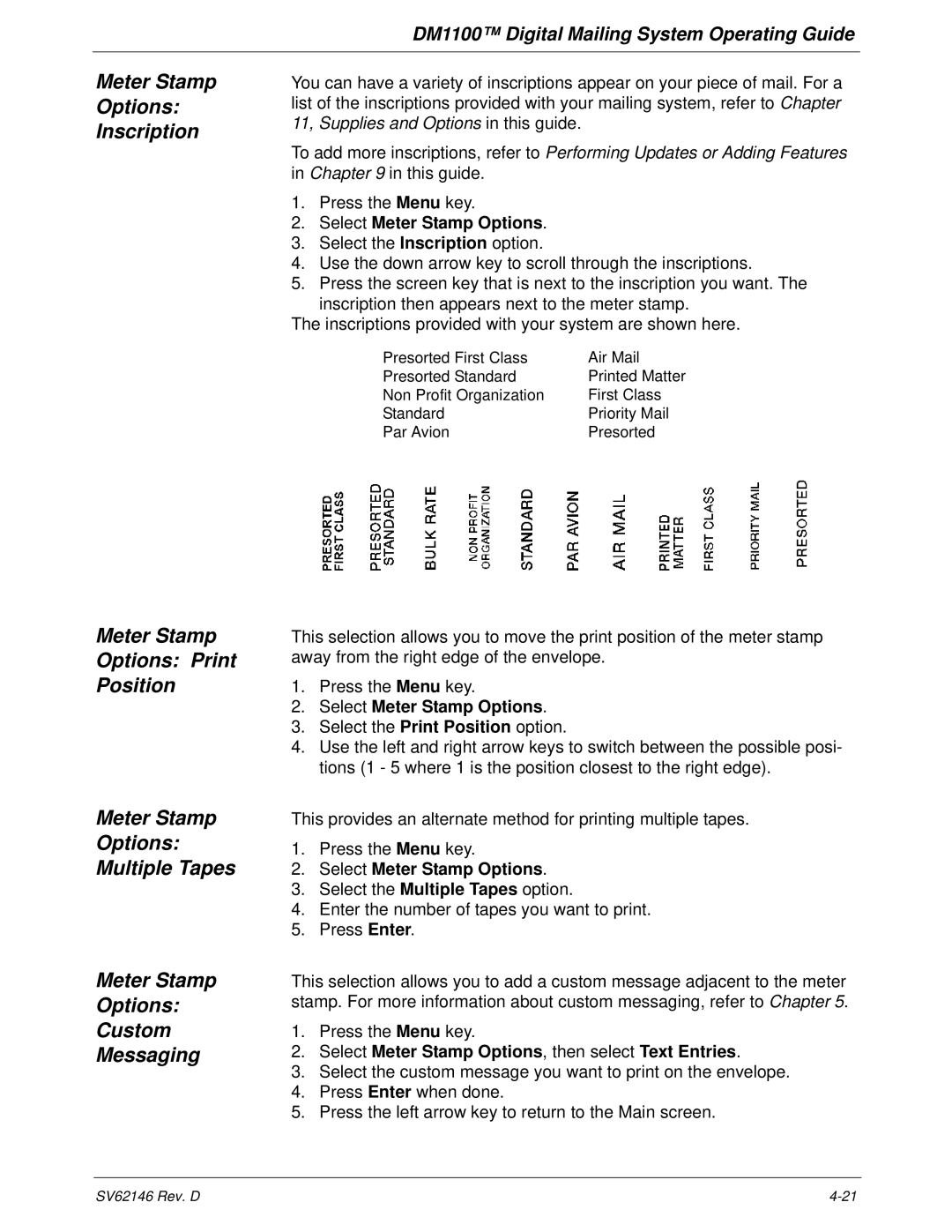 Pitney Bowes DM1100 manual Select Meter Stamp Options, then select Text Entries 