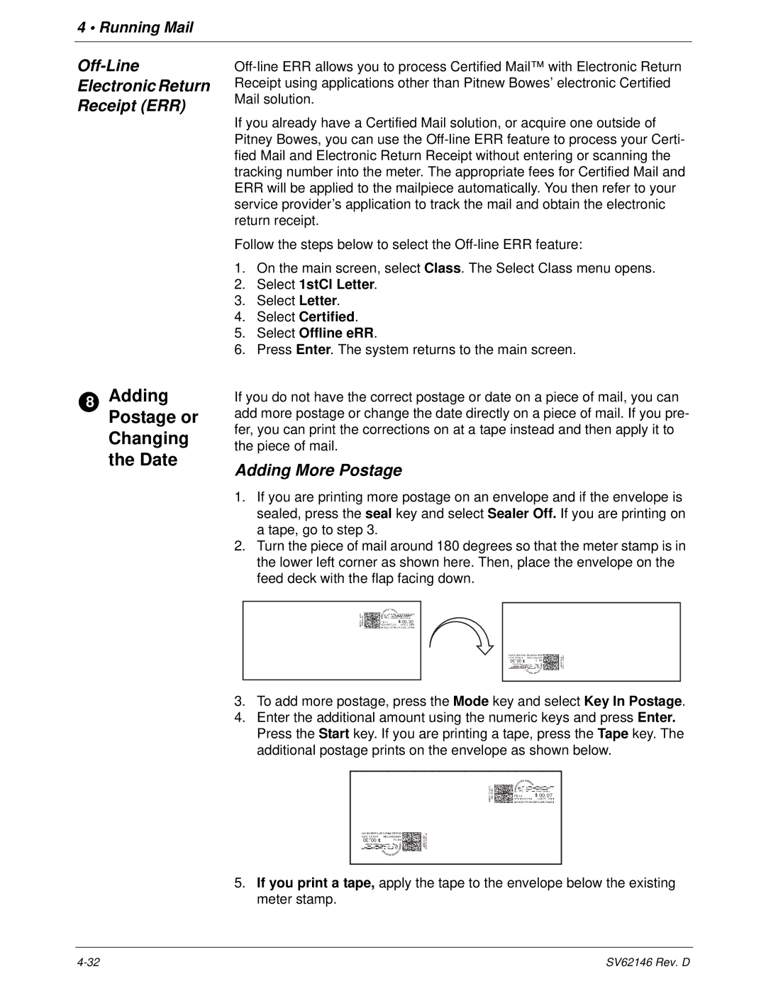 Pitney Bowes DM1100 manual Off-Line Electronic Return Receipt ERR, Adding More Postage, Select 1stCl Letter 