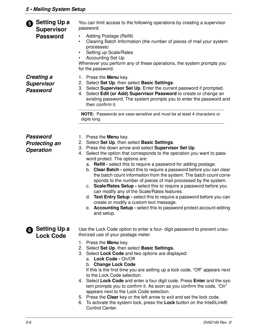 Pitney Bowes DM1100 manual Setting Up a Supervisor Password, Setting Up a Lock Code, Creating a Supervisor Password 