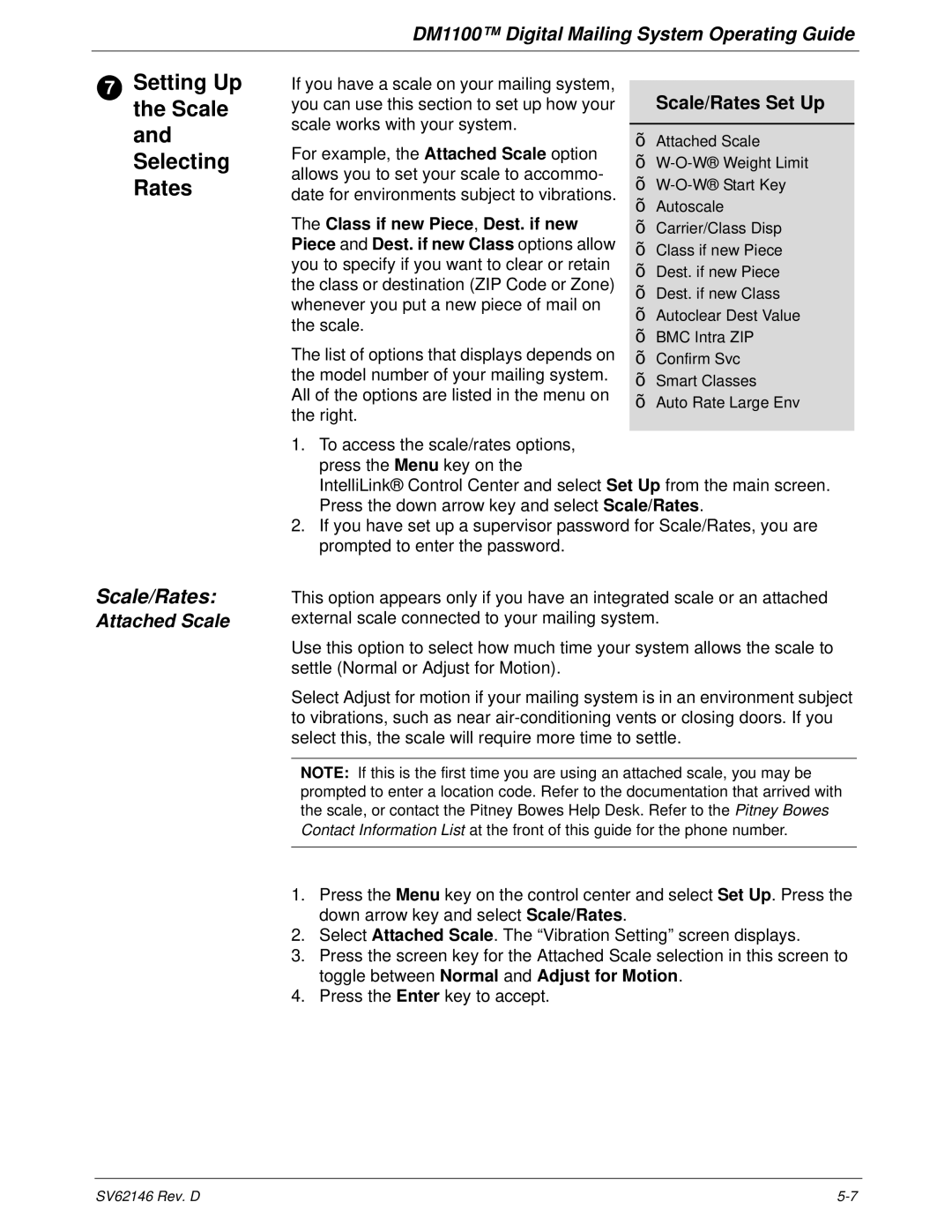 Pitney Bowes DM1100 manual Setting Up the Scale and Selecting Rates, Scale/Rates 