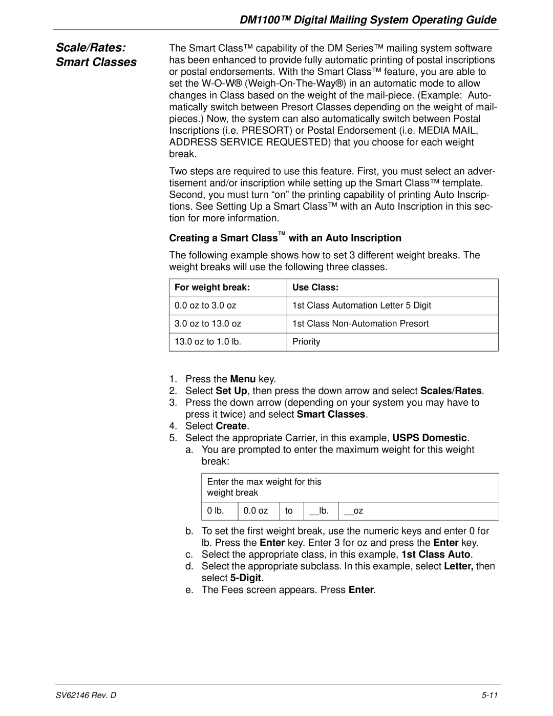 Pitney Bowes DM1100 manual Scale/Rates Smart Classes, Creating a Smart Class with an Auto Inscription 