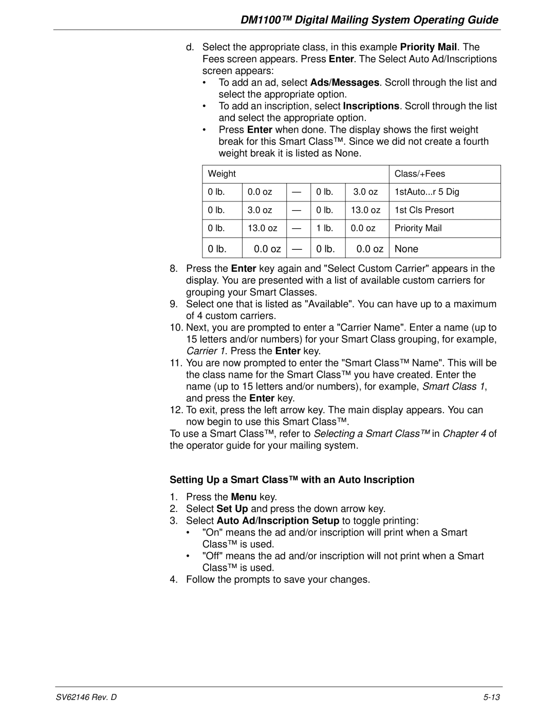 Pitney Bowes DM1100 manual Setting Up a Smart Class with an Auto Inscription 
