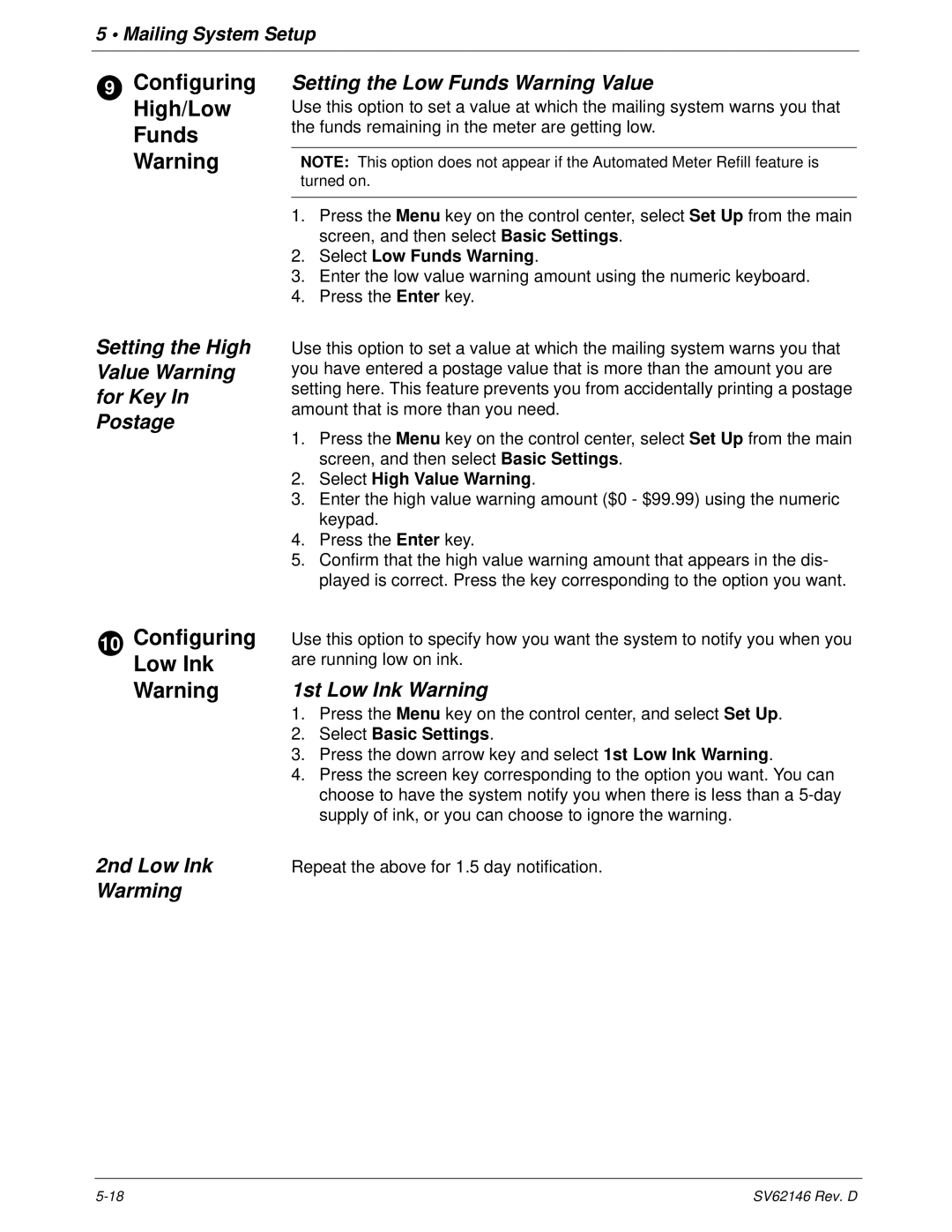 Pitney Bowes DM1100 manual Configuring High/Low Funds Warning, Configuring Low Ink Warning, 2nd Low Ink Warming 