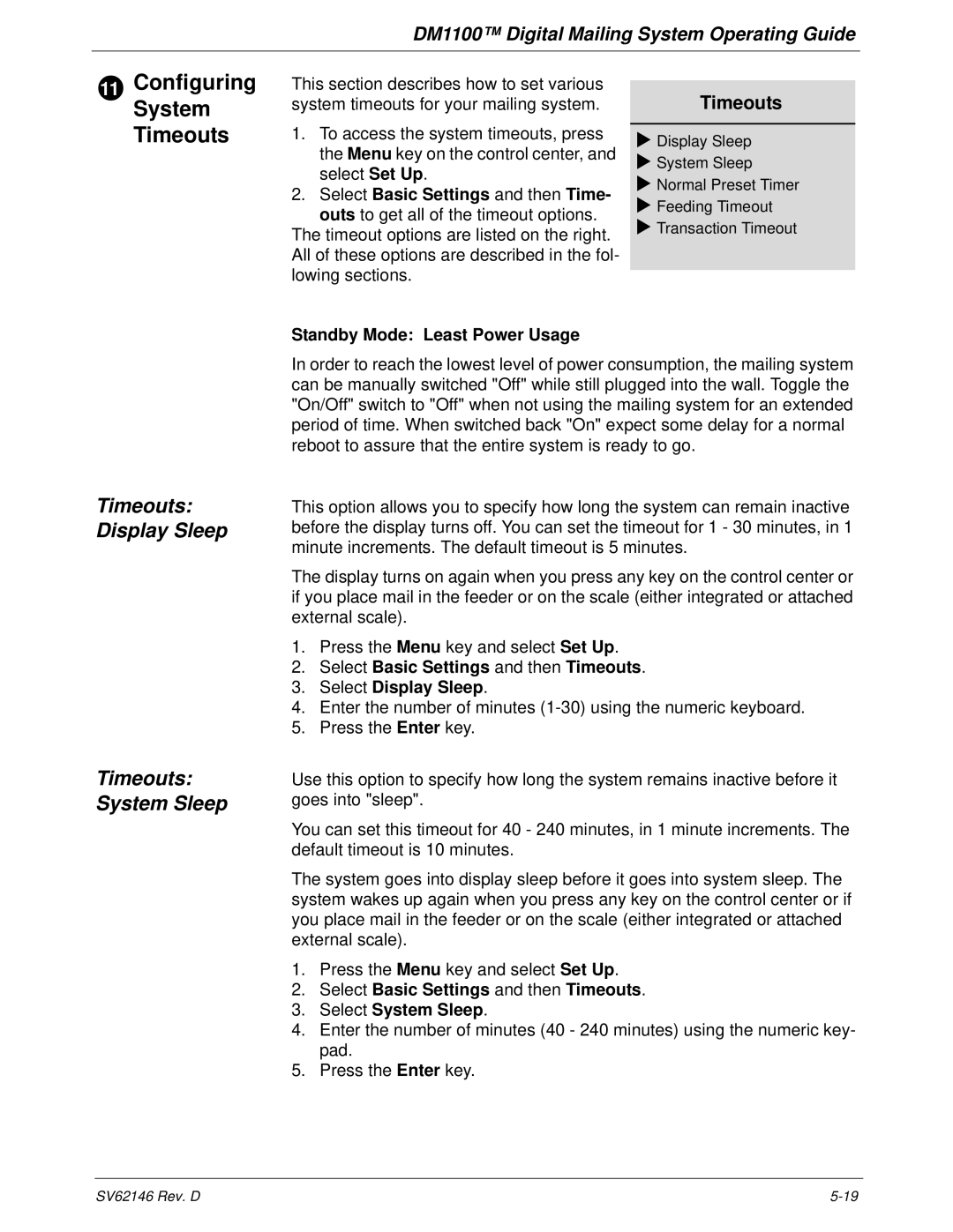 Pitney Bowes DM1100 manual Timeouts Display Sleep Timeouts System Sleep, Select Basic Settings and then Time 