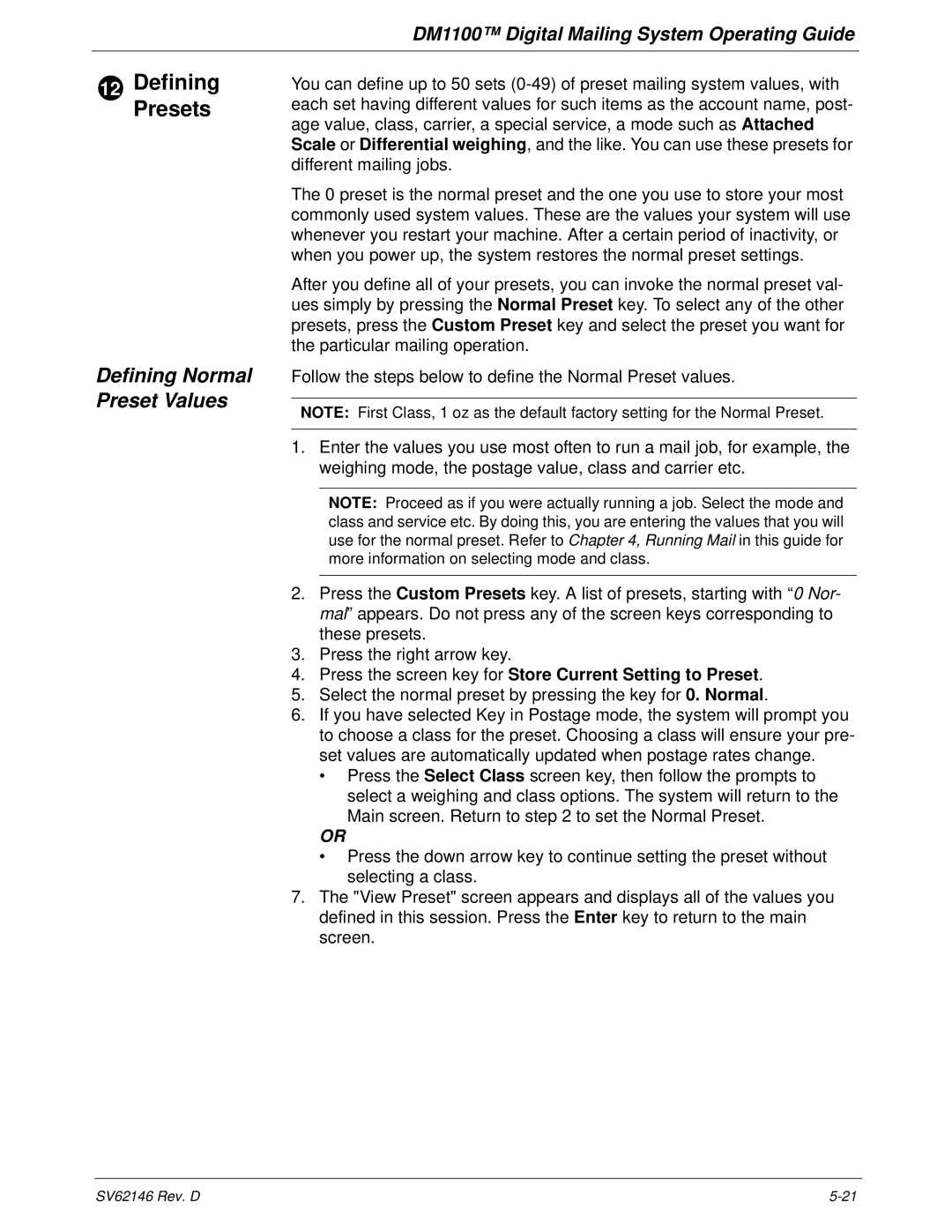 Pitney Bowes DM1100 manual Defining Normal Preset Values, Press the screen key for Store Current Setting to Preset 