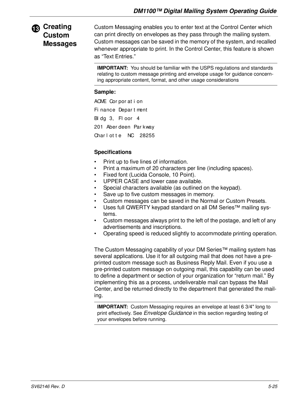 Pitney Bowes DM1100 manual Sample, Specifications 