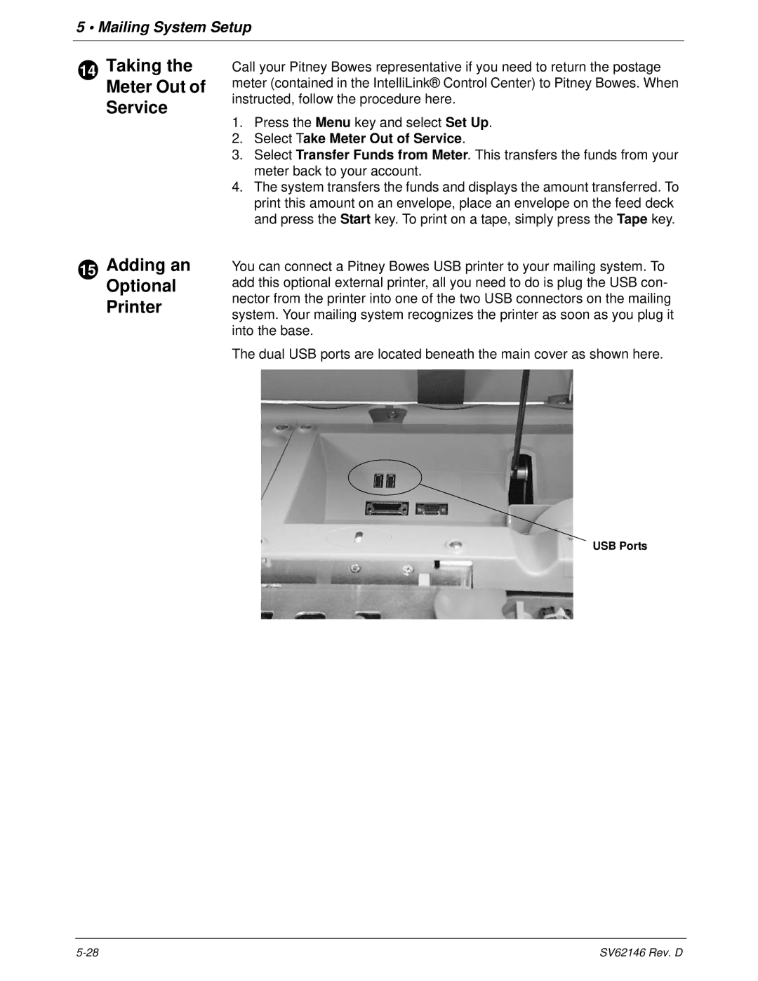 Pitney Bowes DM1100 manual Taking the Meter Out of Service, Adding an Optional Printer, Select Take Meter Out of Service 