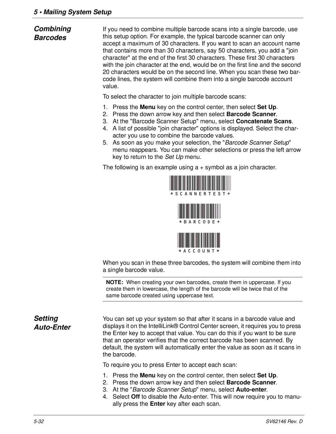 Pitney Bowes DM1100 manual Combining Barcodes Setting Auto-Enter 