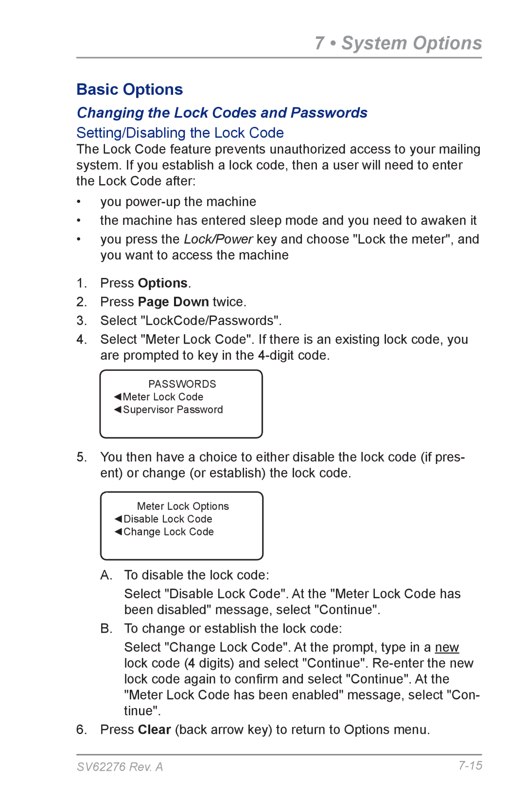 Pitney Bowes DM125 manual Changing the Lock Codes and Passwords, Setting/Disabling the Lock Code 