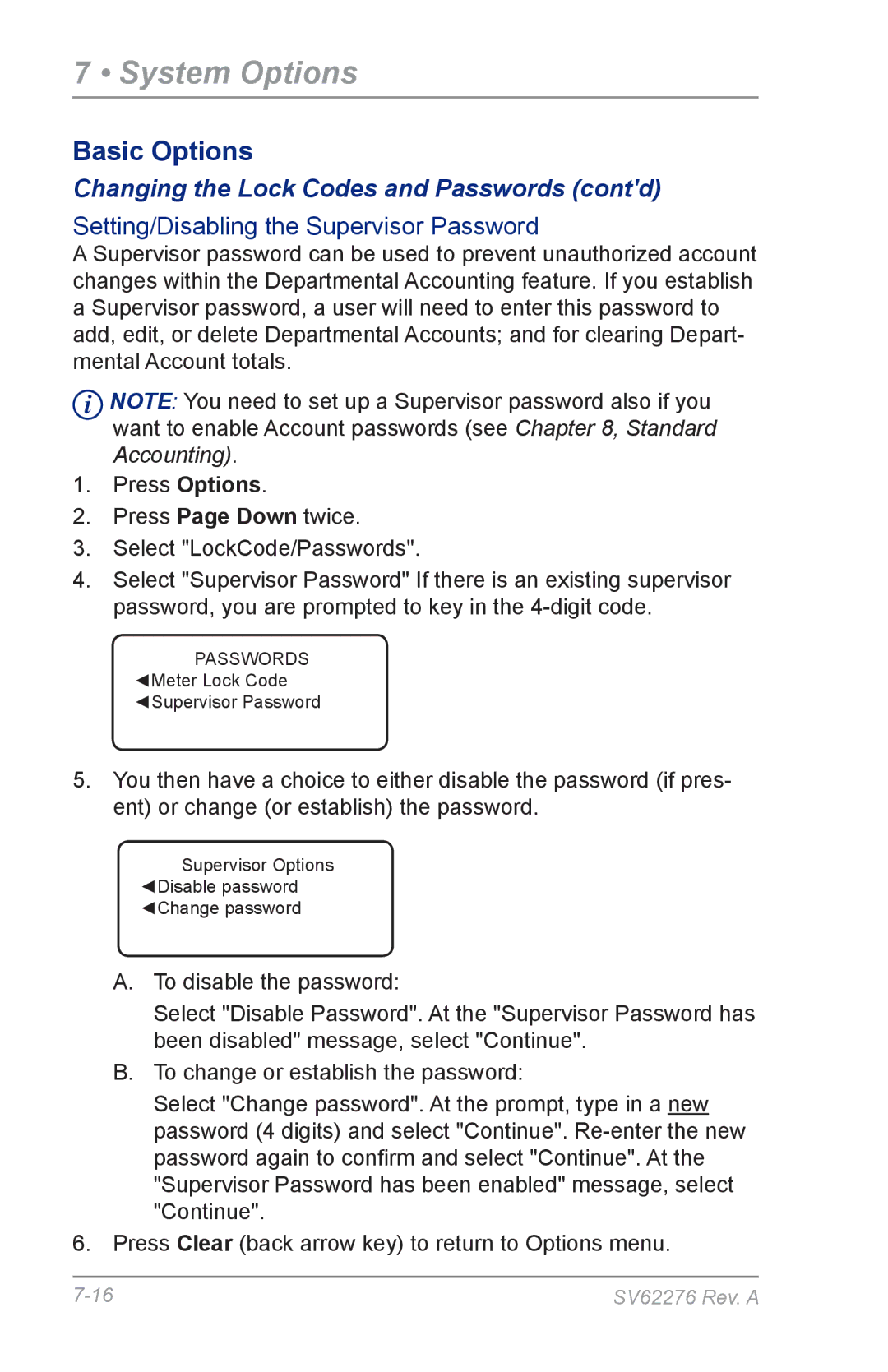 Pitney Bowes DM125 manual Changing the Lock Codes and Passwords contd, Setting/Disabling the Supervisor Password 