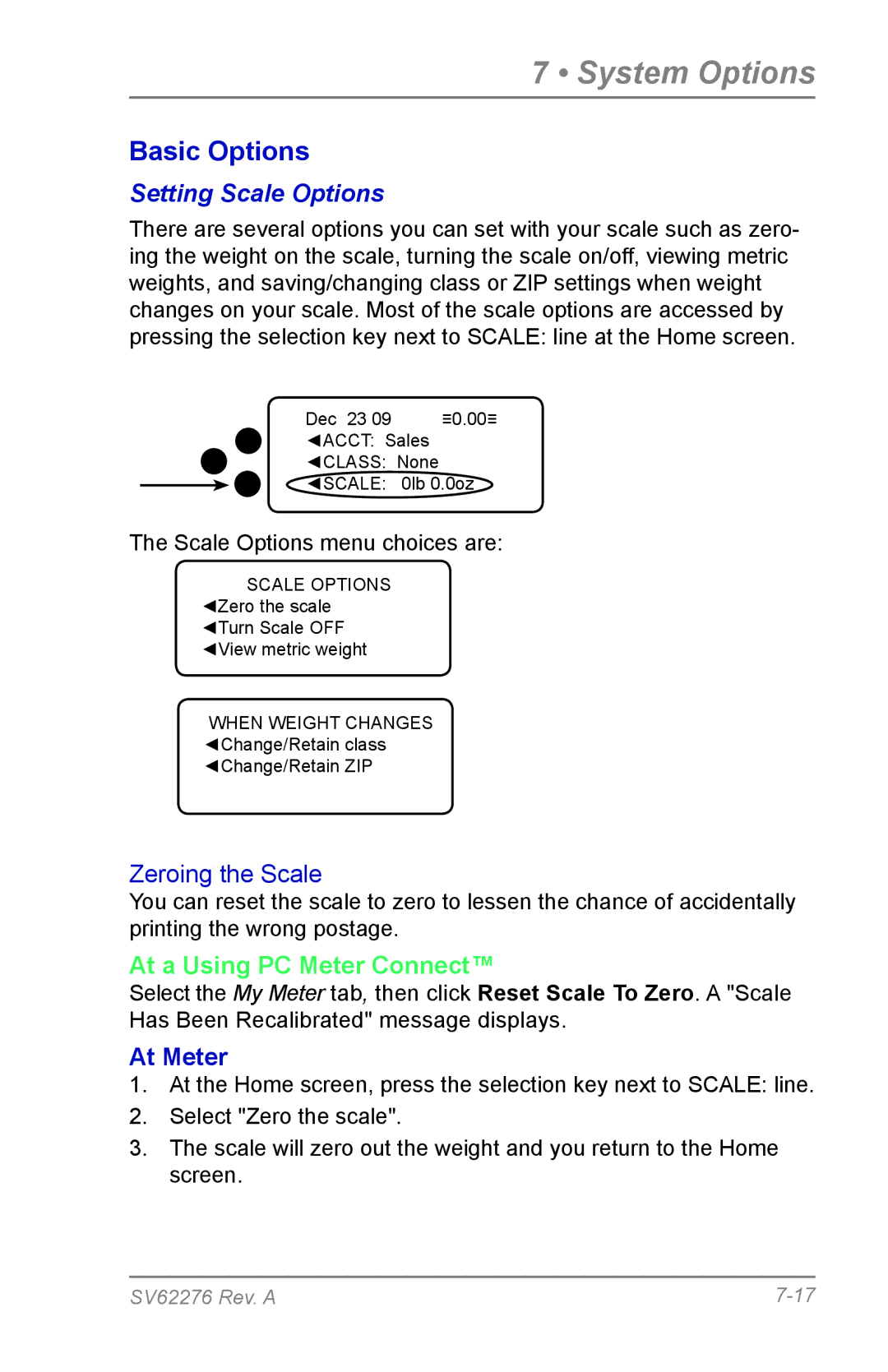 Pitney Bowes DM125 manual Setting Scale Options, Scale Options menu choices are 