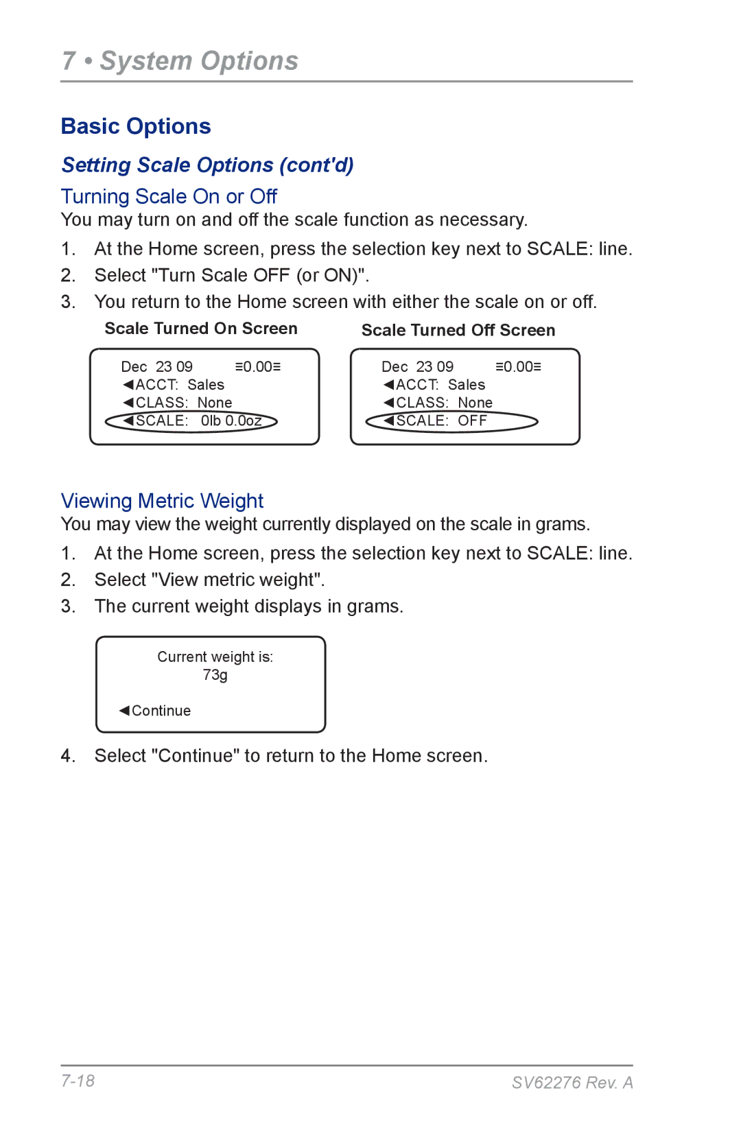 Pitney Bowes DM125 manual Setting Scale Options contd, Turning Scale On or Off 