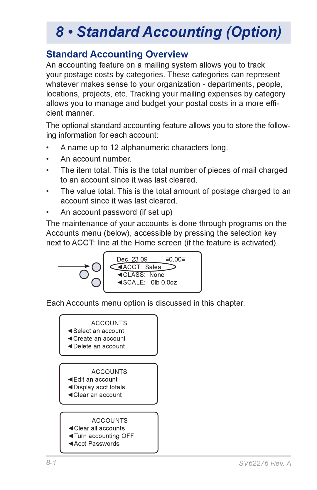 Pitney Bowes DM125 manual Standard Accounting Option, Standard Accounting Overview 