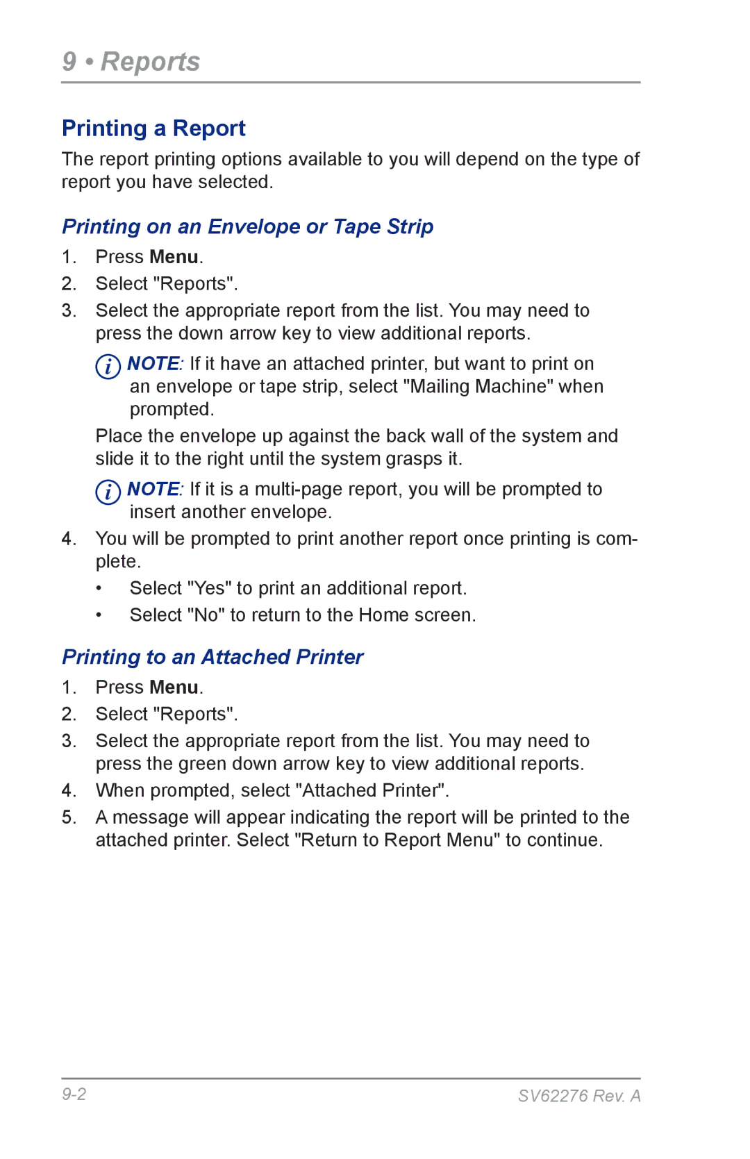 Pitney Bowes DM125 Reports, Printing a Report, Printing on an Envelope or Tape Strip, Printing to an Attached Printer 