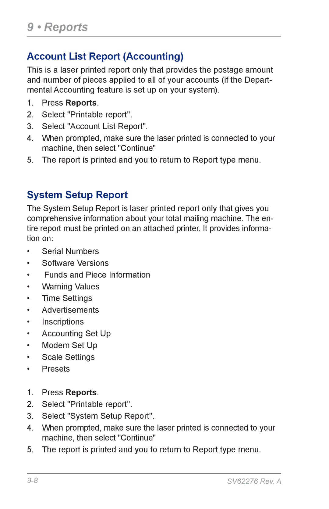 Pitney Bowes DM125 manual Account List Report Accounting, System Setup Report 