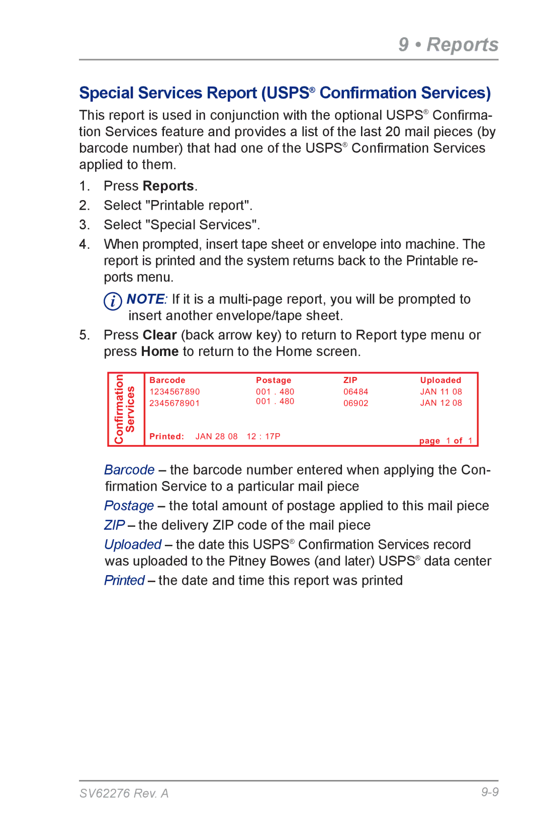 Pitney Bowes DM125 manual Special Services Report Usps Confirmation Services 