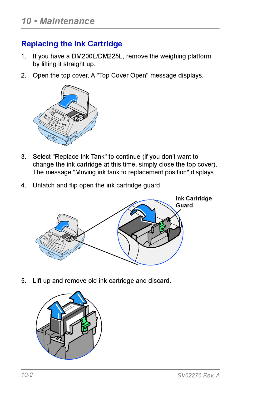 Pitney Bowes DM125 manual Maintenance, Replacing the Ink Cartridge 