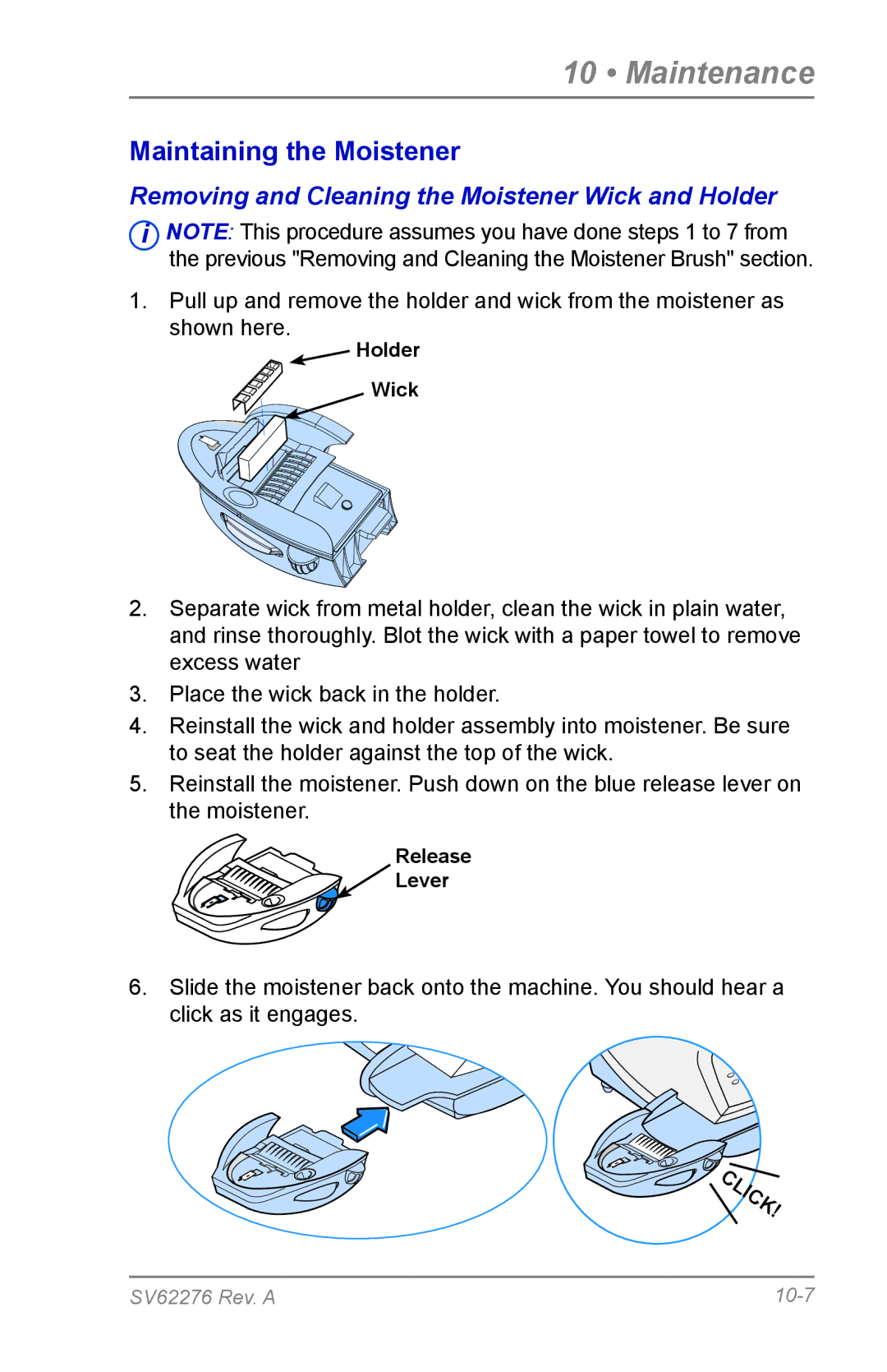 Pitney Bowes DM125 manual Removing and Cleaning the Moistener Wick and Holder 