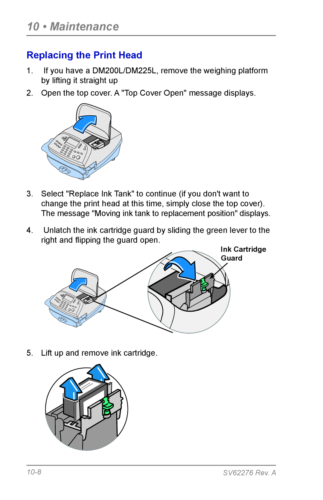 Pitney Bowes DM125 manual Replacing the Print Head 