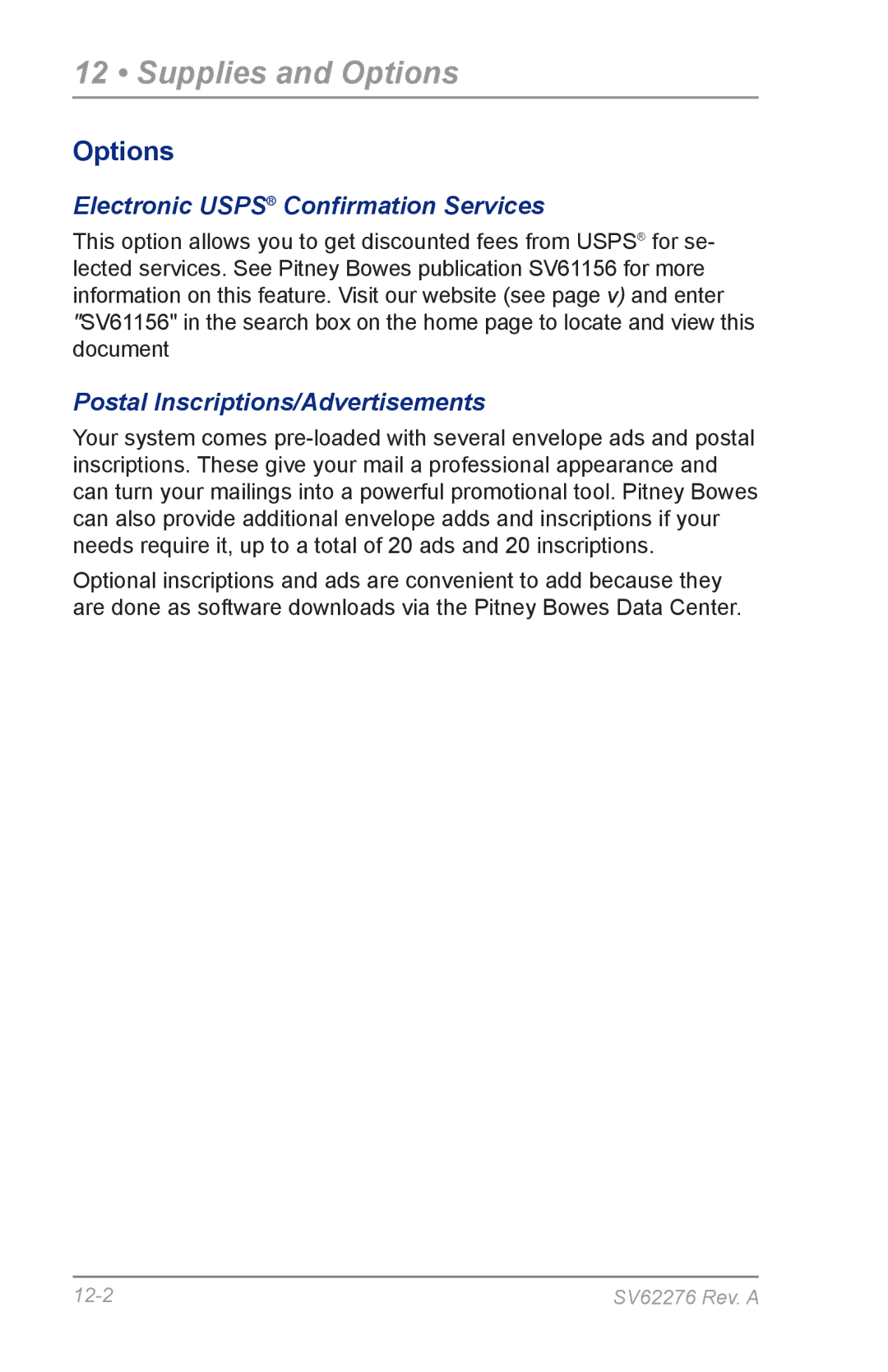 Pitney Bowes DM125 manual Supplies and Options, Electronic Usps Confirmation Services, Postal Inscriptions/Advertisements 