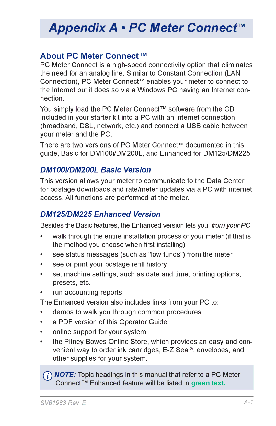 Pitney Bowes DM125 manual Appendix a PC Meter Connect, About PC Meter Connect, DM100i/DM200L Basic Version 