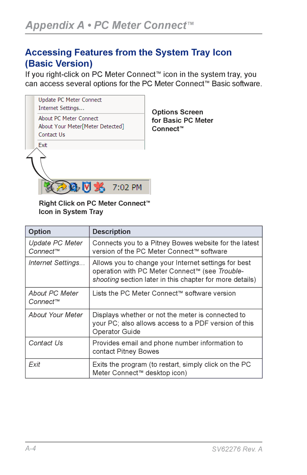 Pitney Bowes DM125 manual Accessing Features from the System Tray Icon Basic Version, Option Description 