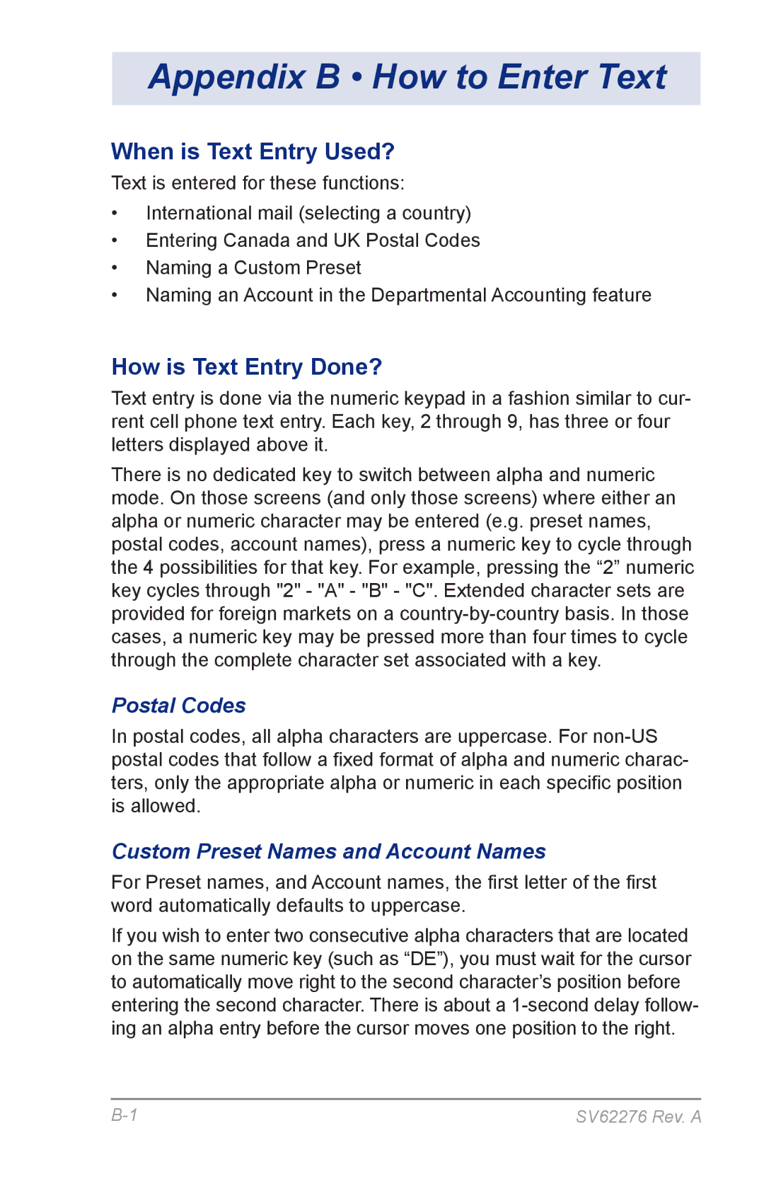 Pitney Bowes DM125 manual Appendix B How to Enter Text, When is Text Entry Used?, How is Text Entry Done?, Postal Codes 