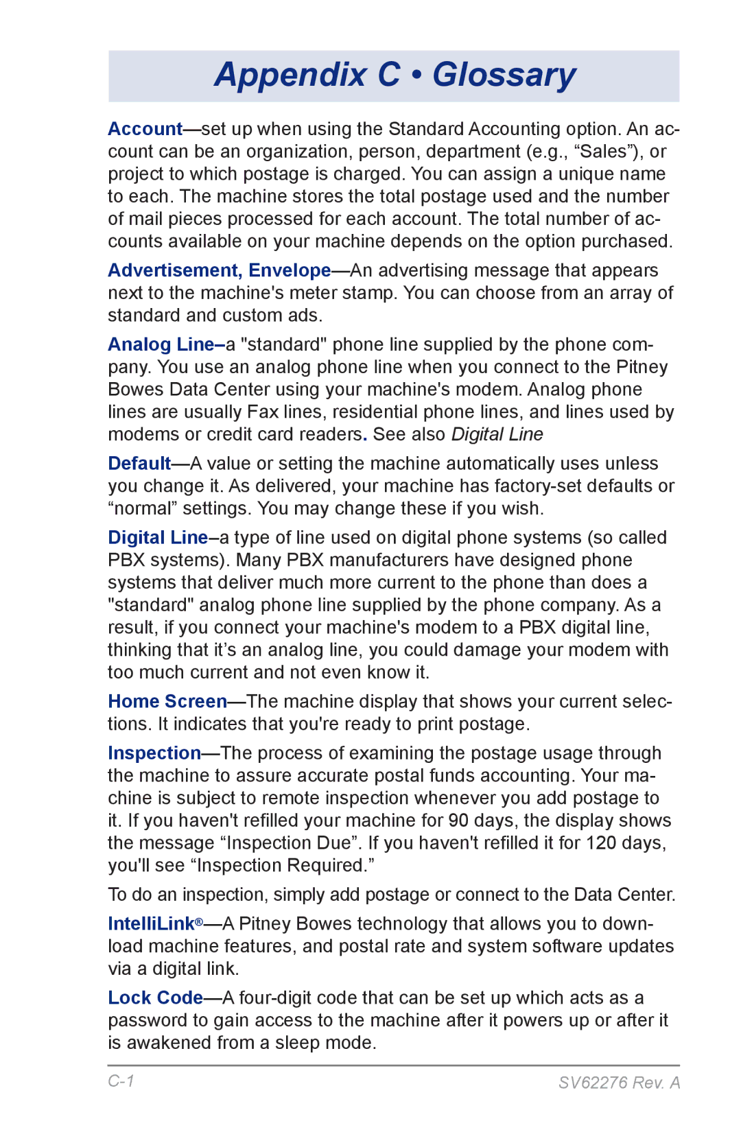 Pitney Bowes DM125 manual Appendix C Glossary 