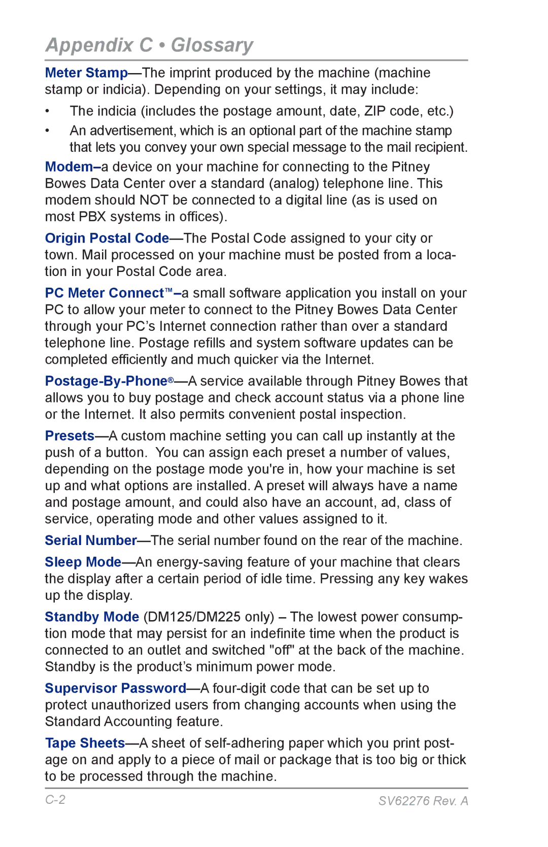 Pitney Bowes DM125 manual Appendix C Glossary 