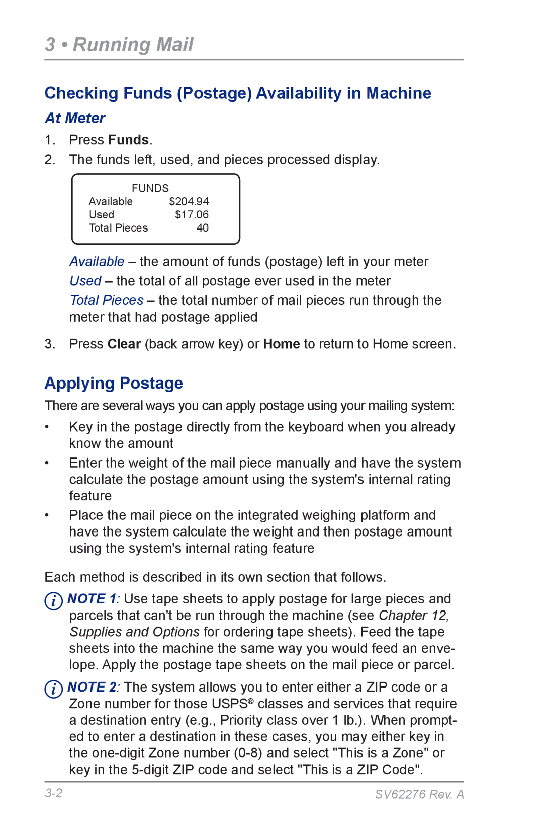 Pitney Bowes DM125 manual Running Mail, Applying Postage, At Meter 