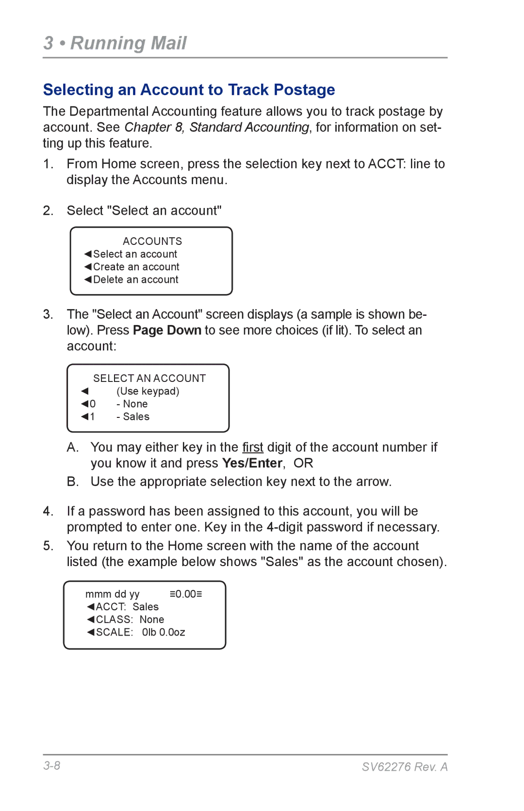 Pitney Bowes DM125 manual Selecting an Account to Track Postage 