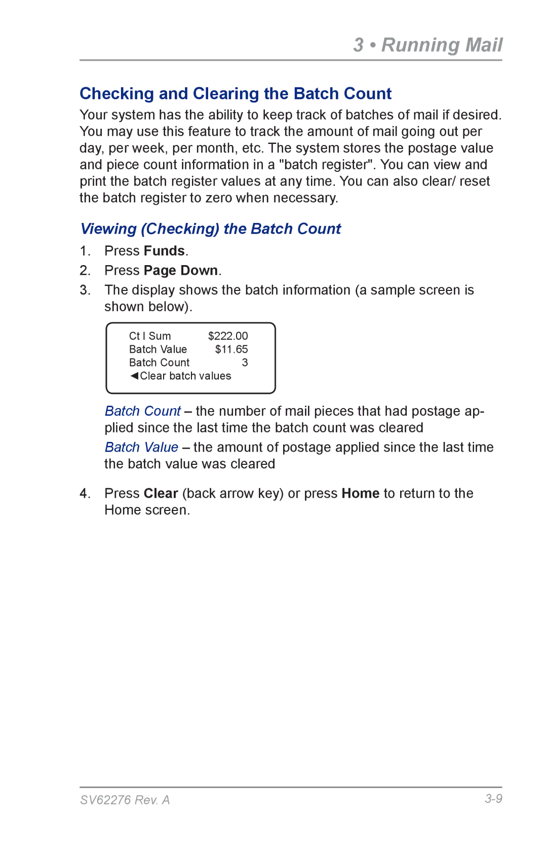 Pitney Bowes DM125 manual Checking and Clearing the Batch Count, Viewing Checking the Batch Count 