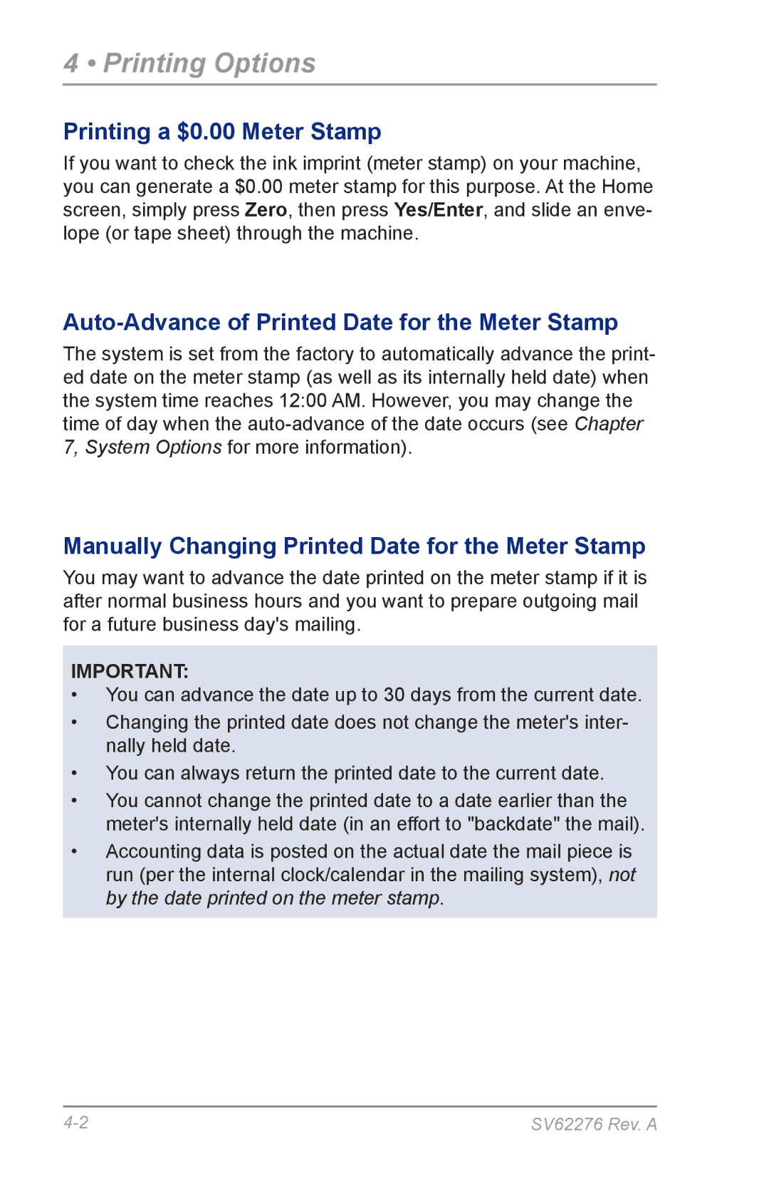 Pitney Bowes DM125 manual Printing Options, Printing a $0.00 Meter Stamp, Auto-Advance of Printed Date for the Meter Stamp 