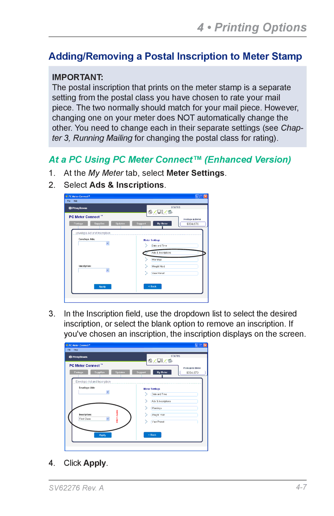 Pitney Bowes DM125 manual Adding/Removing a Postal Inscription to Meter Stamp, Select Ads & Inscriptions 