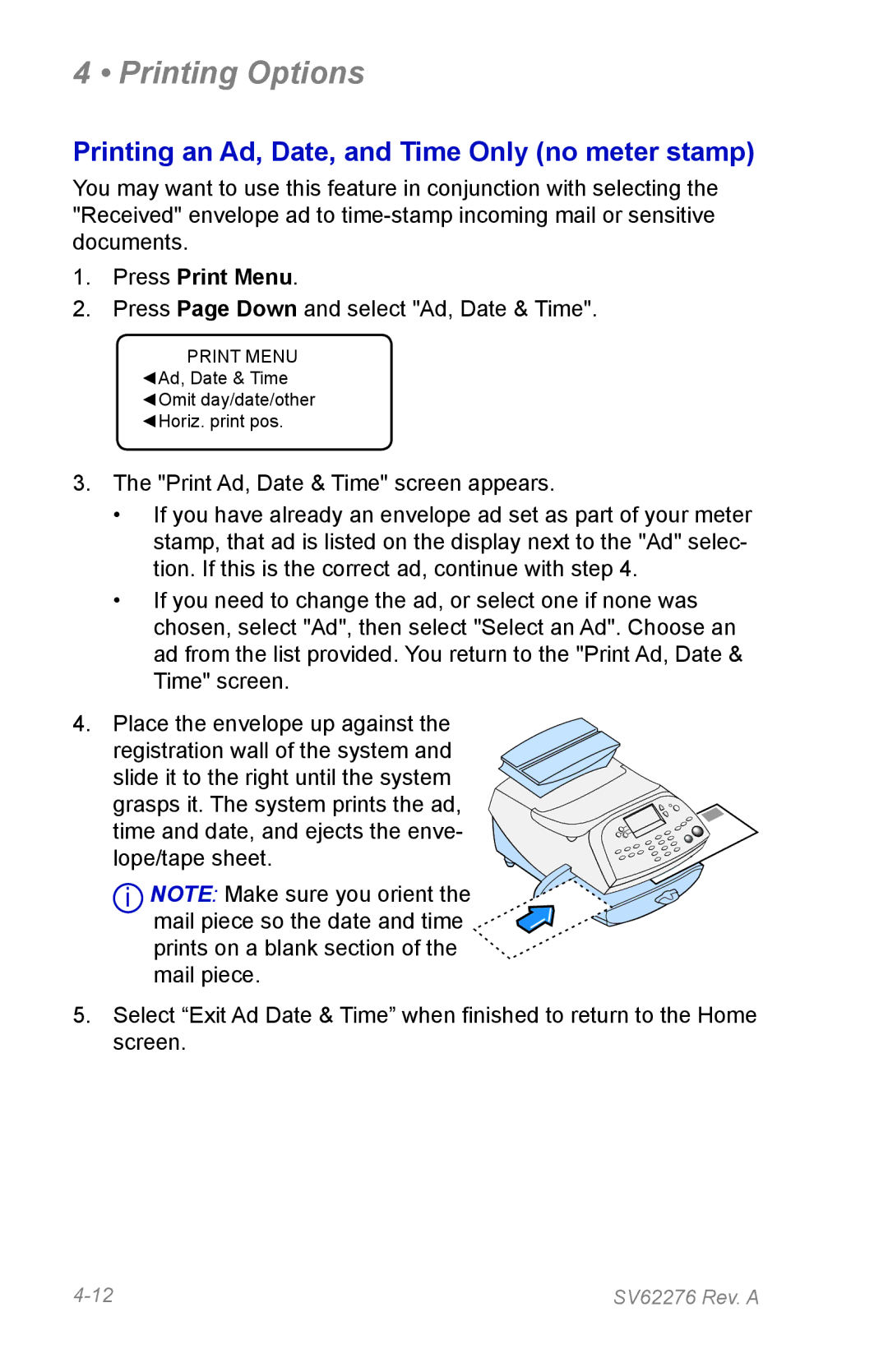 Pitney Bowes DM125 manual Printing an Ad, Date, and Time Only no meter stamp 