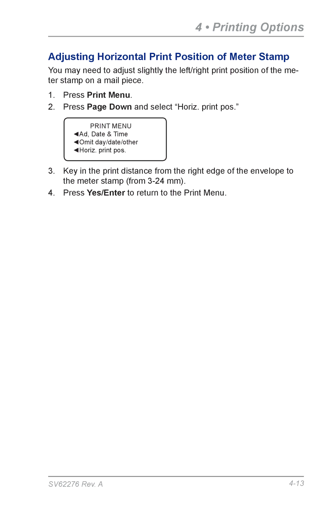 Pitney Bowes DM125 manual Adjusting Horizontal Print Position of Meter Stamp 