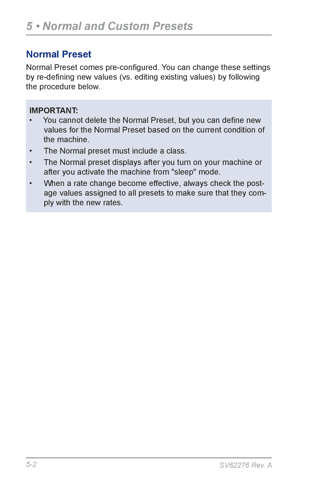 Pitney Bowes DM125 manual Normal and Custom Presets, Normal Preset 