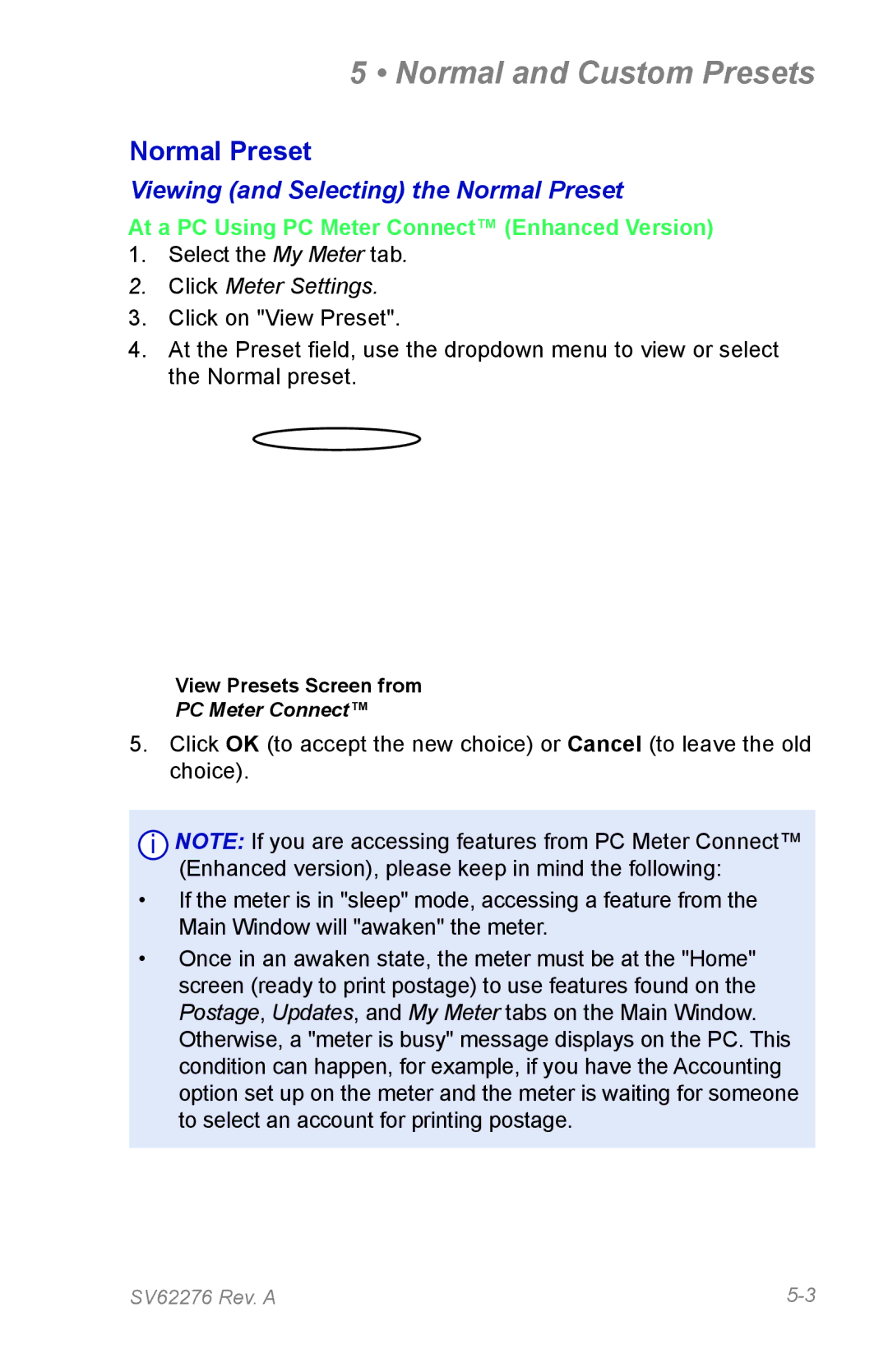 Pitney Bowes DM125 manual Viewing and Selecting the Normal Preset, At a PC Using PC Meter Connect Enhanced Version 