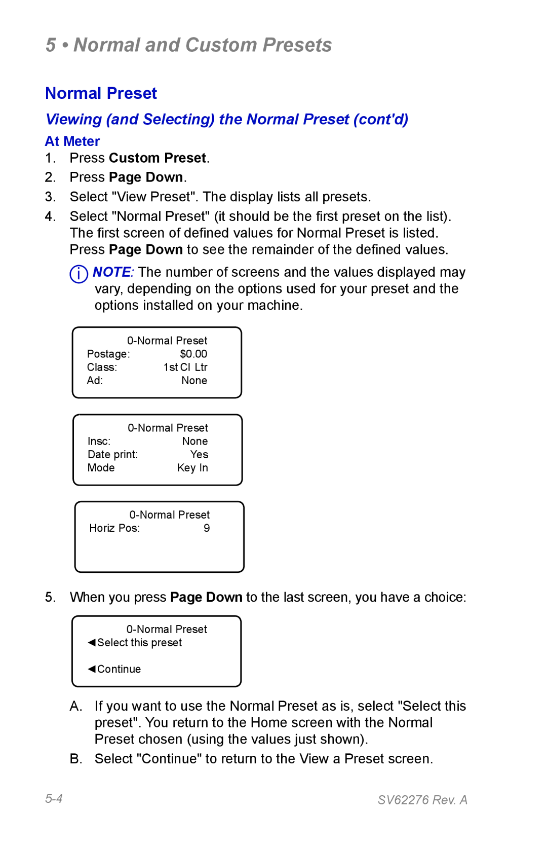 Pitney Bowes DM125 manual Viewing and Selecting the Normal Preset contd, At Meter 