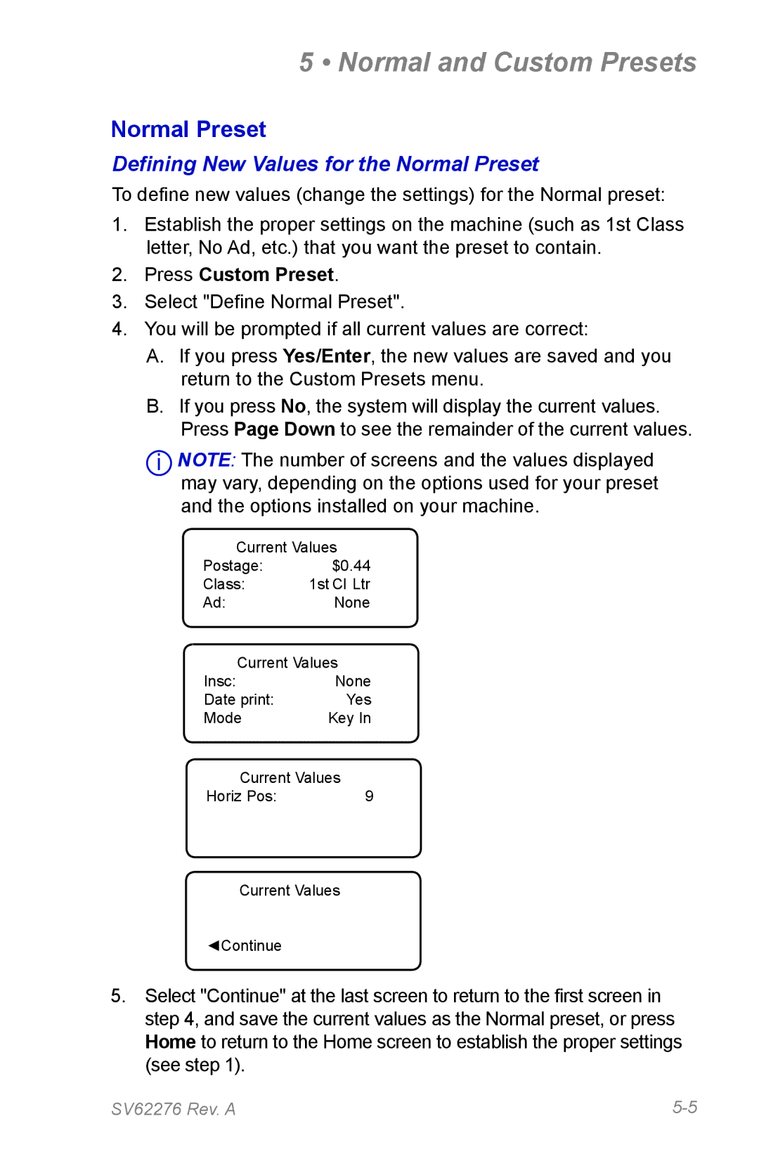 Pitney Bowes DM125 manual Defining New Values for the Normal Preset, Press Custom Preset 