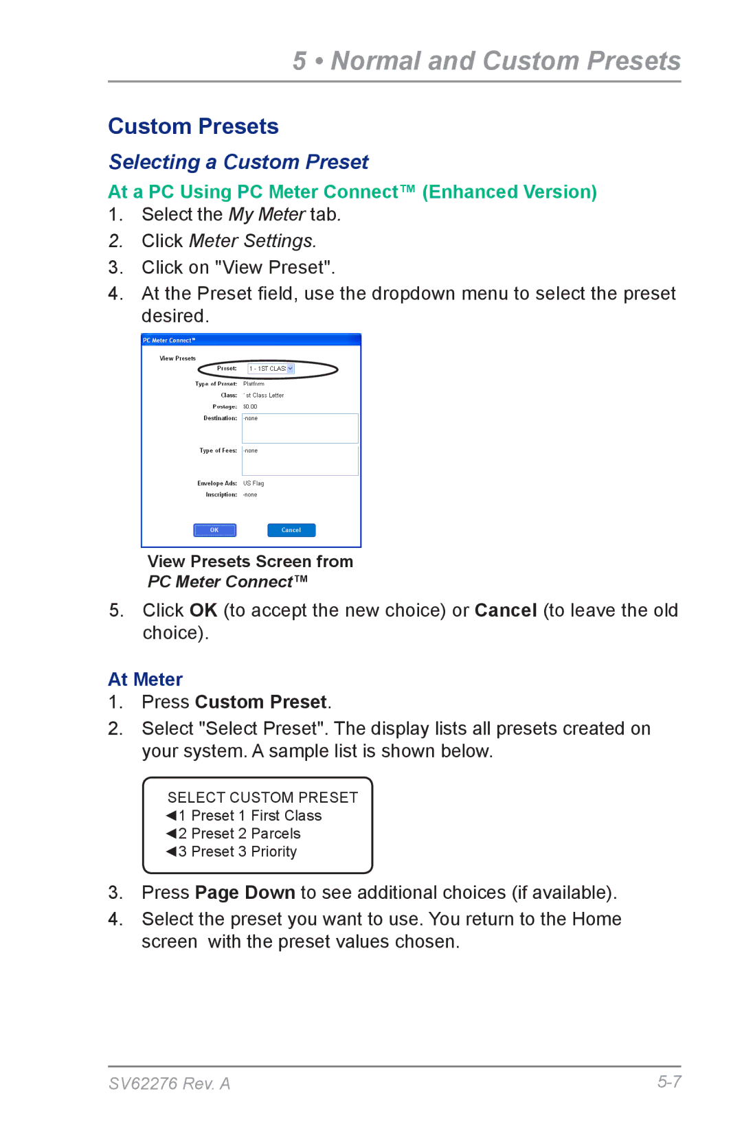 Pitney Bowes DM125 manual Selecting a Custom Preset 