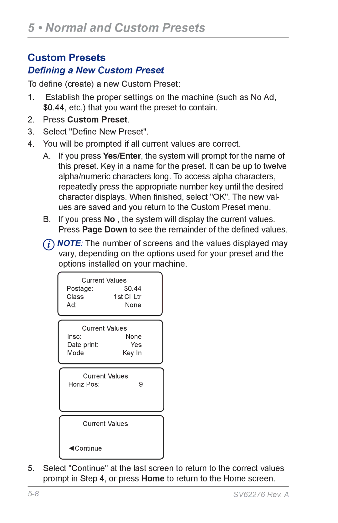 Pitney Bowes DM125 manual Defining a New Custom Preset 