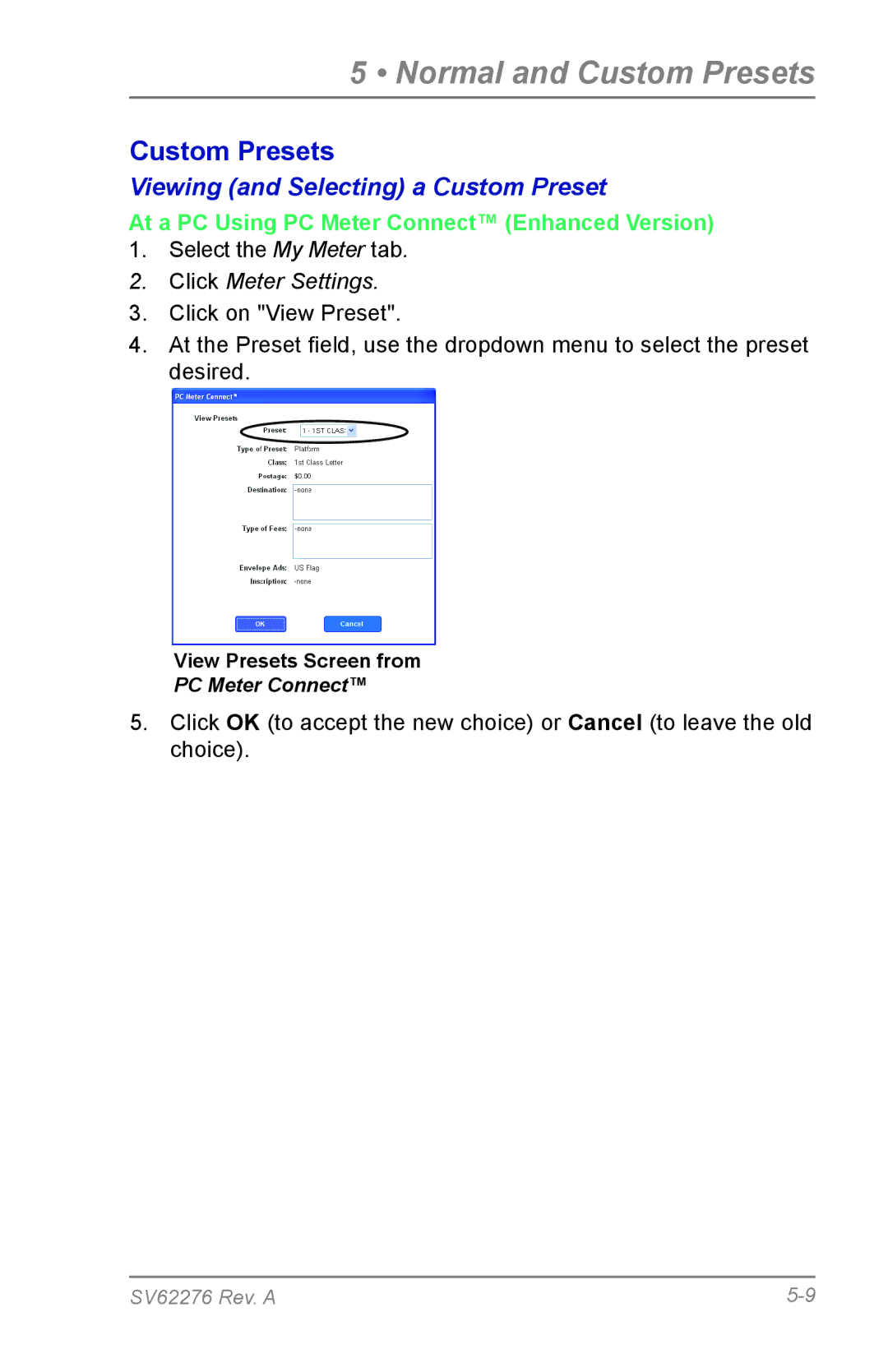 Pitney Bowes DM125 manual Viewing and Selecting a Custom Preset 