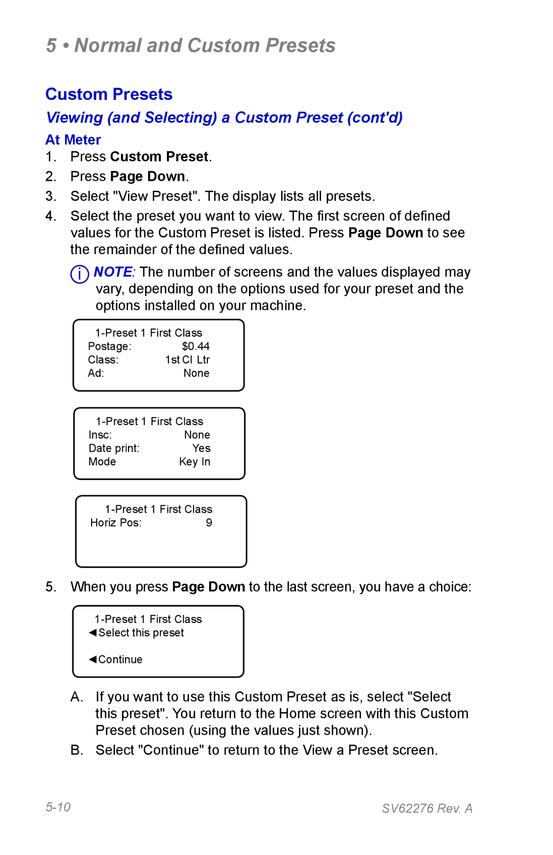 Pitney Bowes DM125 manual Viewing and Selecting a Custom Preset contd 