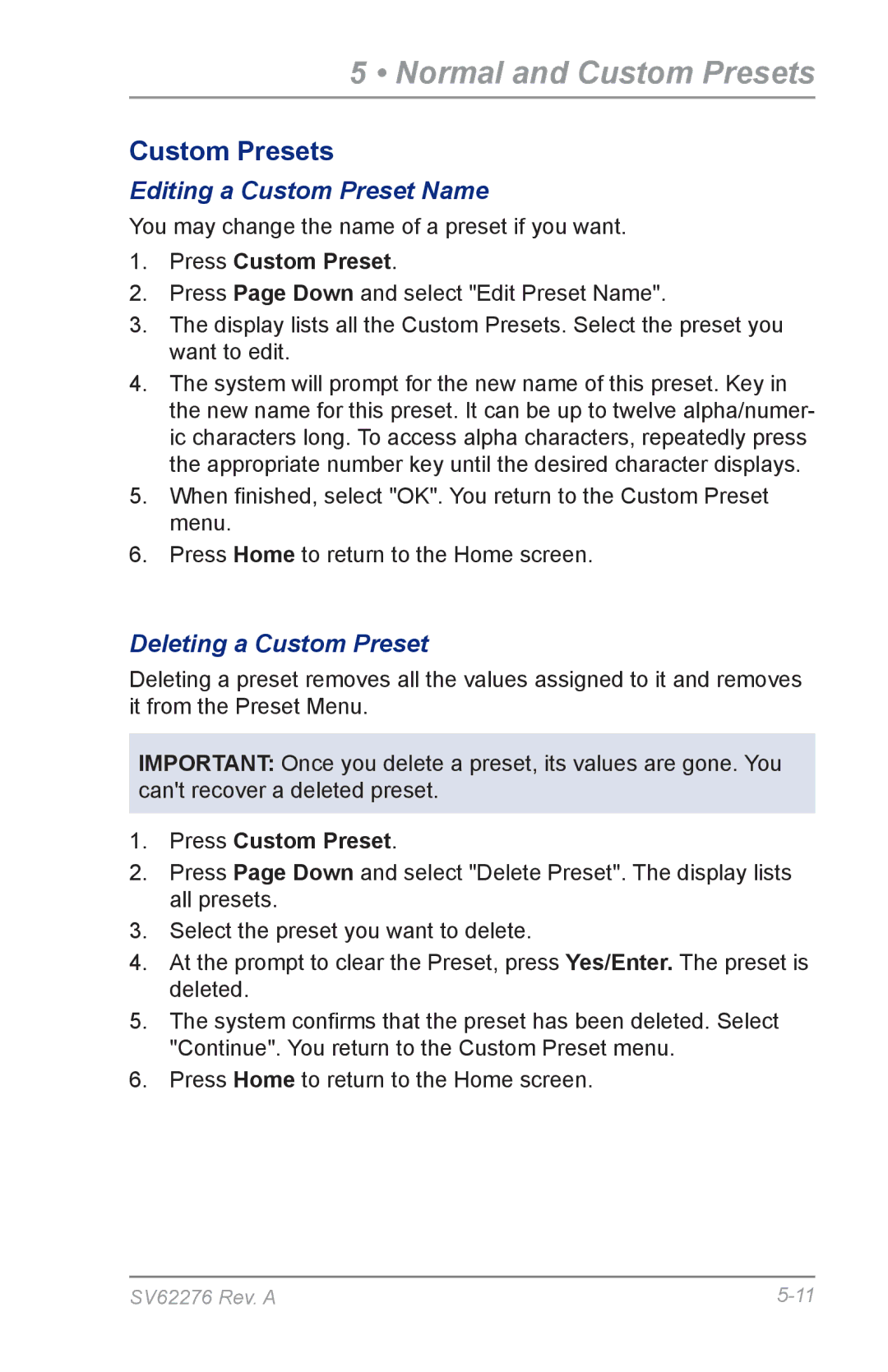 Pitney Bowes DM125 manual Editing a Custom Preset Name, Deleting a Custom Preset 