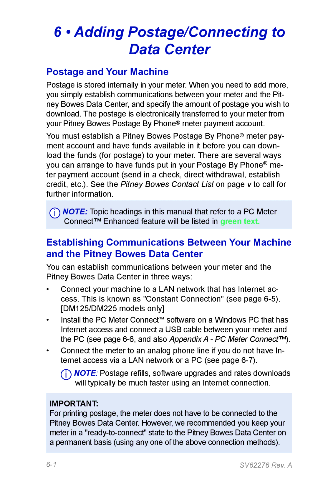 Pitney Bowes DM125 manual Adding Postage/Connecting to Data Center, Postage and Your Machine 